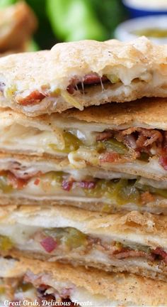 Quesadillas stacked on a white plate. Cheese Quesadilla Recipe, Hatch Chiles, Cheese Quesadillas, Hatch Chile, Green Chiles, Cheese Quesadilla, Cheese Bites