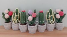 small crocheted cactus planters with flowers in them