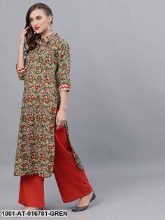 Green & Red Kalamkari Floral Printed Pathani Kurta Indian Artifacts, Floral Printed, Duster Coat, Floral Prints, Thank You, Floral, Green