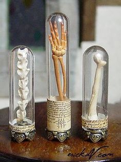 three glass tubes with bones in them on top of a wooden table next to a clock