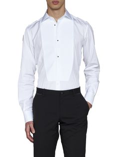 100% Cotton Designer Fitted Tops For Business, Luxury Slim Fit Semi-formal Top, Luxury Slim Fit Tops For Formal Occasions, Luxury Slim Fit Top For Semi-formal Occasions, Luxury Fitted Tops For Business, Designer Slim Fit Semi-formal Tops, Designer Slim Fit Top For Semi-formal Occasions, Fitted Luxury Tops With Concealed Placket, Classic Fitted Formal Tops