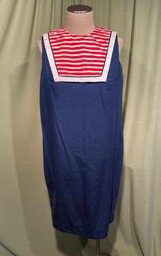 This is a cute vintage dress from the 60s. Label reads, Toni Lynn. Tagged a size 12. The bust measures 40", waist 44", see measurements below. I believe this is a maternity dress but makes a cute shift dress or wear belted. Made of blue cotton.  The dress is not lined.  It is sleeveless with a large Sailor style collar in red & white stripes with blue trim, Zips in the back with a metal zipper.  The dress is in very good condition, no damage. No soil or stains.  Although this is a maternity dres Chelsea Collar, Victorian Shirt, Flower Power Dress, 1940s Looks, Blue Knit Dress, Gloria Steinem, Sailor Style, Blue Shift Dress, Bib Collar