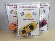 three birthday cards with toy cars on them