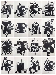 twelve black and white abstract paintings on paper, each with different shapes in the same pattern