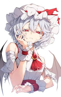 an anime character with white hair and red eyes, holding her hand to her face