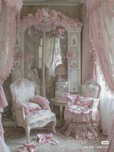 a bedroom with pink furniture and curtains on the windowsills is decorated in shabby chic style