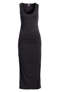 This essential midi dress is so versatile you can wear it over your swimwear during the day and out to dinner later. The deep neckline and the side slits give it breezy wearability so you can wear it again and again. 46" length (size Medium) Slips on over head V-neck Sleeveless Side slits Unlined 94% lyocell, 6% elastane Machine wash, tumble dry Made in the USA of imported fabric Fitted Longline Midi Dress For Summer, Sleeveless Elastane Midi Dress With Ruched Back, Sleek Stretch Ruched Midi Dress, Chic Midi Dress With Ruched Back, Summer Bodycon Dress With Flattering Silhouette, Flattering Elastane Midi Dress For Night Out, Stretch V-neck Midi Dress With Side Slits, Stretch Midi Dress With Side Slits And V-neck, Summer Midi Dress With Ruched Back