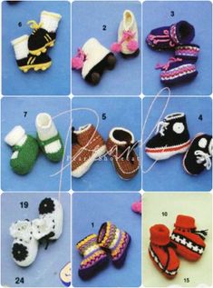 the instructions for crochet baby booties are shown in several different styles and sizes