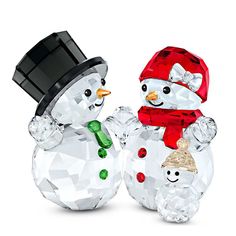 two glass snowmen with hats and scarves on their heads, one holding the other's hand