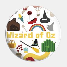 the wizard of oz badge is surrounded by many different items and colors, including a rainbow