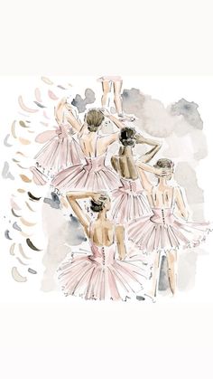 three ballerinas in pink tutu skirts are dancing with their arms around each other