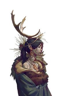 a woman with horns and tattoos on her head is dressed up in a costume that looks like a deer's antlers