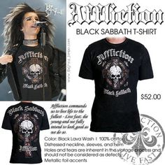 an advertisement for black sabath t - shirt with a photo of the band's singer