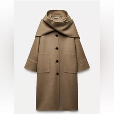 Zara Zw Double-Faced 100% Wool Coat Beige New Fw24 Xs-S Ref. 8491/240 100% Wool Nwt Never Worn Size Xs/S Very Oversized Zara Double Faced Jacket, Zara Wool Coat, Beige Wool Coat, Hood Scarf, Scarf Wool, Middle Age Fashion, Long Winter Coats, Long Wool Coat, Faux Suede Jacket