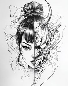 Japan Tattoo Sketch, Girl In Mask, Calf Sleeve Tattoo, Cyberpunk Tattoo, Small Girly Tattoos, Samurai Tattoo Design, Cool Tattoo Drawings, Sketch Tattoo