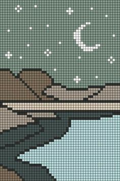 a cross stitch pattern with a bird sitting on a tree branch in front of the water