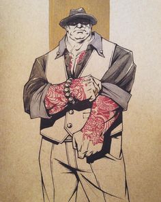 a drawing of a man in a suit and hat with his arm wrapped around him