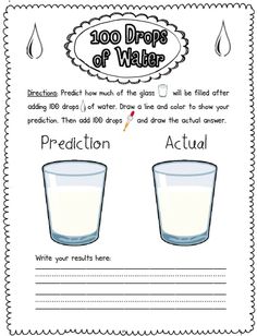 a worksheet with two glasses of milk and the words 100 drops of water