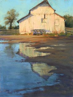 an oil painting of a barn by the water