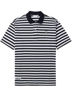 black/white cotton horizontal stripe print bear motif polo collar front button placket drop shoulder short sleeves straight hem Striped Collared Polo Shirt For Summer, Summer Striped Collared Polo Shirt, Casual Striped Short Sleeve Polo Shirt, Striped Cotton Polo Shirt With Short Sleeves, Summer Striped Polo Shirt, Summer Polo Shirt With Horizontal Stripes, Summer Horizontal Stripe Polo Shirt, Casual Summer Polo Shirt With Striped Collar, Striped Relaxed Fit Polo Shirt For Summer