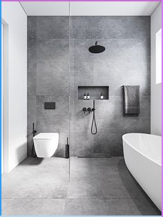 a bathroom with a toilet, sink and bathtub in black and white colors on the walls