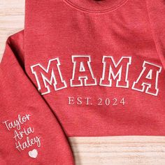 Custom Mama Embroidered Sweatshirt With Kids Names Sleeve New Mom Gifts, New Mama, Mom Hoodies, Mothers Day Gifts, Mama Sweatshirt, Embroidered Clothes, Mens Long Sleeve Tee, Mothers Day Shirts, Embroidered Sweatshirts