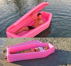 a man and woman floating in an inflatable raft on the beach next to each other