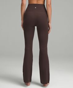 A Coveted Classic. These Flared Pants Are Perfect For Your Practice And Beyond. Designed For On The Move. Hugs Your Body From Waist To Knee:flares Out From The Knee To Hem:32.5" Inseam, Intended To Skim The Floor For Heights Of 55"-58". Back Drop-In Waistband Pocket Holds A Card, Key, Or Cell Phone. | Groove Nulu Super-High-Rise Flared Pant Regular Lulu Lemon Flare Leggings, Brown Flare Leggings, Teal Pants, Brown Flares, Gift Aesthetic, Lululemon Pants, Performance Leggings, Camo Pants, Low Impact Workout