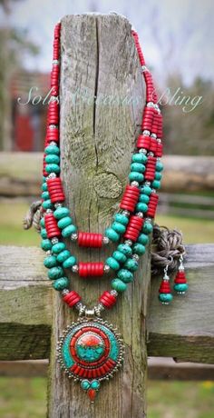 "Go Bold or Go Home, but if you go...make a STATEMENT! This beautiful one-of-a-kind, chunky, triple strand Rodeo Cowgirl Necklace is made with Turquoise Howlite and Red Howlite Beads & adorned with Tibetan Silver bead spacers.  The stunning Nepalese Pendant is Hand Made and inlayed with Turquoise Howlite & Coral and measures approximately 2-1/4\" x 3\".  Finished with a decorative lobster claw clasp. Shorter Strand Measures approximately 19\" Middle Strand Measures approximately 21\" Longer Strand Measures approximately 23-1/2\" Includes Matching Earrings: The earrings measure over 1-1/8 inches in length.   Comes with Organza Jewelry Pouch Pictures do not do this set justice it makes an absolutely fabulous statement sure to get you noticed! Hand Made one of a kind creation!" Boho Cowgirl Style, Cowgirl Necklaces, Statement Jewelry Necklace, Hand Painted Pendant, Rodeo Cowgirl, Boho Cowgirl, Western Rodeo, American Indian Jewelry, Necklace Ideas