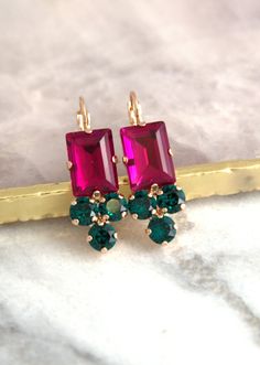 Pink Green Earrings Fuchsia Drop Earrings Fuchsia Emerald | Etsy Pink Earrings With Lever Back Ear Wires For Party, Dark Pink Earrings, Bridesmaids Earrings, Emerald Crystal, Color Palate, Large Jewelry, Green Earrings, Crystal Drop Earrings, Swarovski Earrings