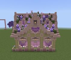 a small house with purple flowers on the roof and windows, in a minecraft style