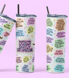 two tumblers with writing on them sitting next to each other in front of a pink background