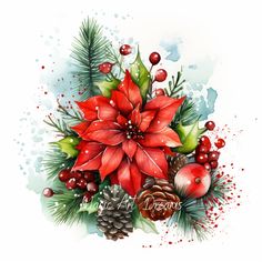 a watercolor christmas bouquet with poinsettis and pine cones on a white background