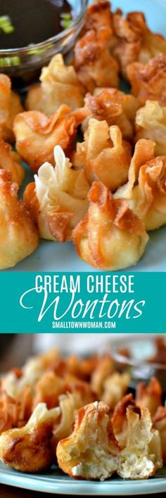 some food that is on a plate and in front of the words cream cheese wontons