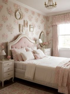 a bedroom decorated in pink and white with floral wallpaper, chandelier and bed