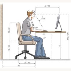 a man sitting at a desk with a computer in front of him and measurements on the wall behind him