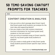 a poster with the words, 50 time - saving chatgtt prompts for teachers