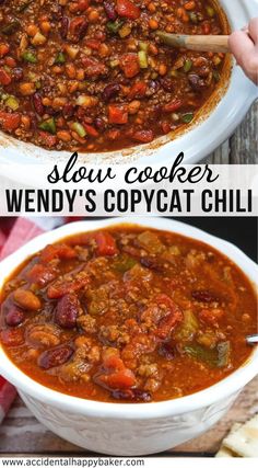 two pictures with the words slow cooker wendy's copycat chili in it