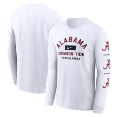 Show off your Alabama Crimson Tide pride with the Nike Primetime Classic Location T-Shirt. Soft cotton fabric provides continuous comfort, making this tee a go-to choice for game day or any day. This long sleeve shirt features the team name and location proudly displayed across the chest, while team logos run down the left sleeve for a bold show of Crimson Tide pride. This Crimson Tide tee is perfect for repping the Tide. Varsity Jersey Tops For Fan Gear, Varsity Team Logo Jersey T-shirt, Nike Collegiate Long Sleeve T-shirt, Varsity Jersey T-shirt With Team Logo, Varsity Tops With Team Logo For Fan Gear, Collegiate Tops With Team Logo For Game Day, Varsity Tops With Team Name For Fan Gear, Jersey Fan Apparel Tops For College, Varsity Cotton Top With Team Logo