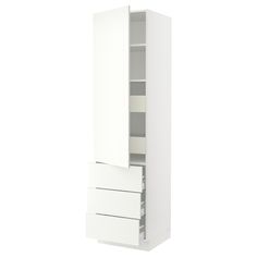 a tall white cabinet with two drawers on one side and an open drawer on the other