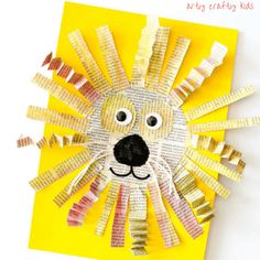 a paper lion made out of newspaper strips on a yellow background with the words news paper lion