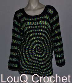 a black and green sweater on a mannequin's head with the words louq crochet written below it