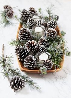 pine cones and candles are arranged on a tray