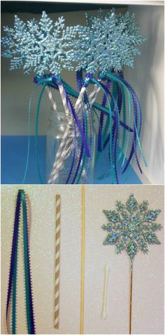 there are three different pictures of snowflakes in glass vases