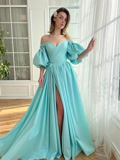 Aquamarine Charlotte Gown Cyan Prom Dress, Patch Stitch, Short Sleeve Prom Dresses, Luxurious Wardrobe, Teuta Matoshi, Taffeta Gown, Satin Formal Dress, A Line Prom Dress, Flora Dress