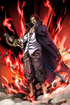 an anime character holding two swords in front of fire and flames behind him is a demon