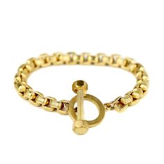 Due to the thickness of this bracelet, men's wrist sizes from 7 to 7.5 inches are perfect for this bracelet. Model's wrist is 7.25 inches in circumference. Thick 8mm box chain Toggle is 21x31mm Bracelet length 8.5 inches Gold plated stainless steel Learn how to measure your wrist here: https://www.youtube.com/watch?v=ypiuua7PR8o ► For longer lasting quality, please keep jewelry dry and away from chemicals. Jewelry care instructions come with every order. ► International orders are subject to tax Classic Adjustable Chain Bracelet With Stainless Steel Clasp, Adjustable Round Chain Bracelet With Solid Links, Adjustable Link Bracelet With Box Chain, Classic Adjustable Link Bracelets, Adjustable Oval Link Box Chain Bracelets, Classic Adjustable Chain Link Bracelets, Classic Adjustable Chain Link Bracelet, Adjustable Box Chain Link Bracelet, Adjustable Solid Link Oval Bracelet