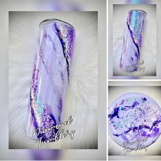 three pictures of purple and white marble with silver flakes