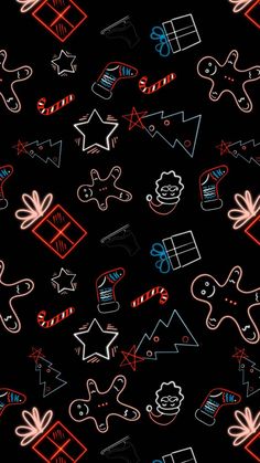 a black background with red, white and blue doodles