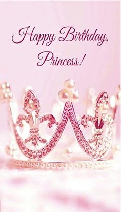 a princess tiara with pearls on it and the words happy birthday, princess written in pink